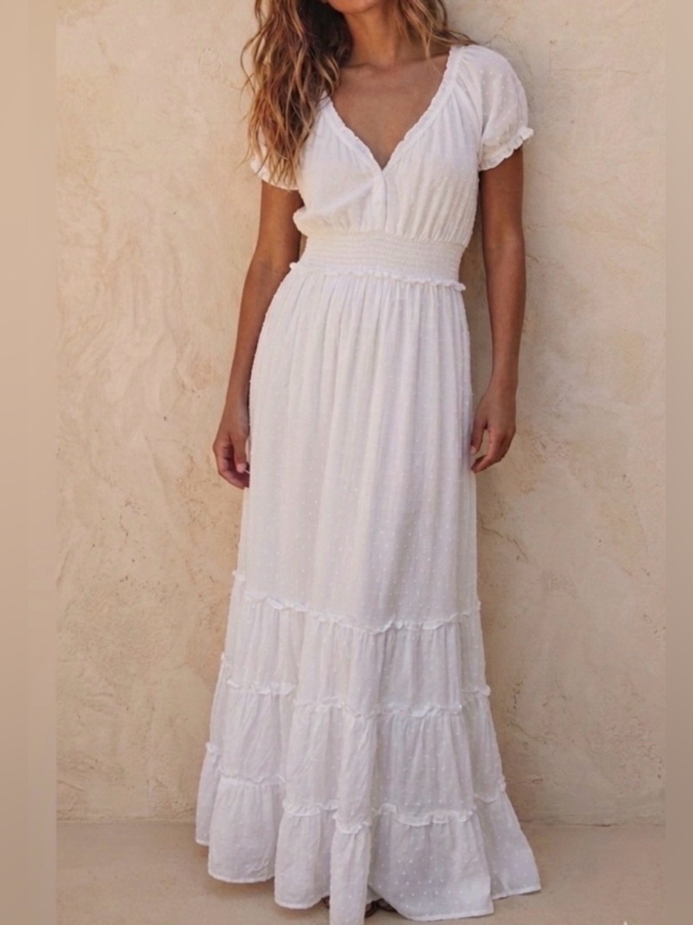 Betsey Johnson White Swiss Dot Tiered Maxi Dress